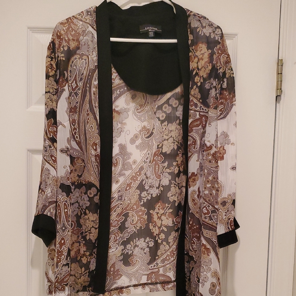 R&M Richards Sheer Paisley Kimono Cardigan in Brown, Cream & Black